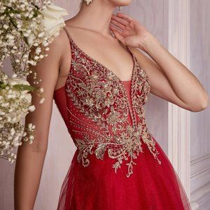 NEW BURGUNDY/GOLD LAYERED TULLE A-LINE FORMAL EVENING PARTY LONG  GOWN  CD0195